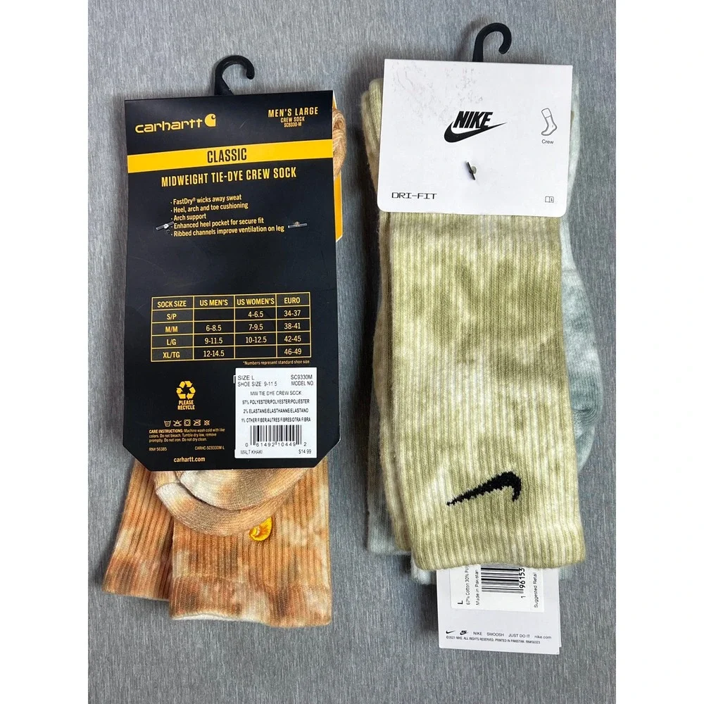 Nike Carhartt Tie Dye Crew Socks Bundle 3 Pairs Mens Large Dri-FIT Khaki Sz 8-12